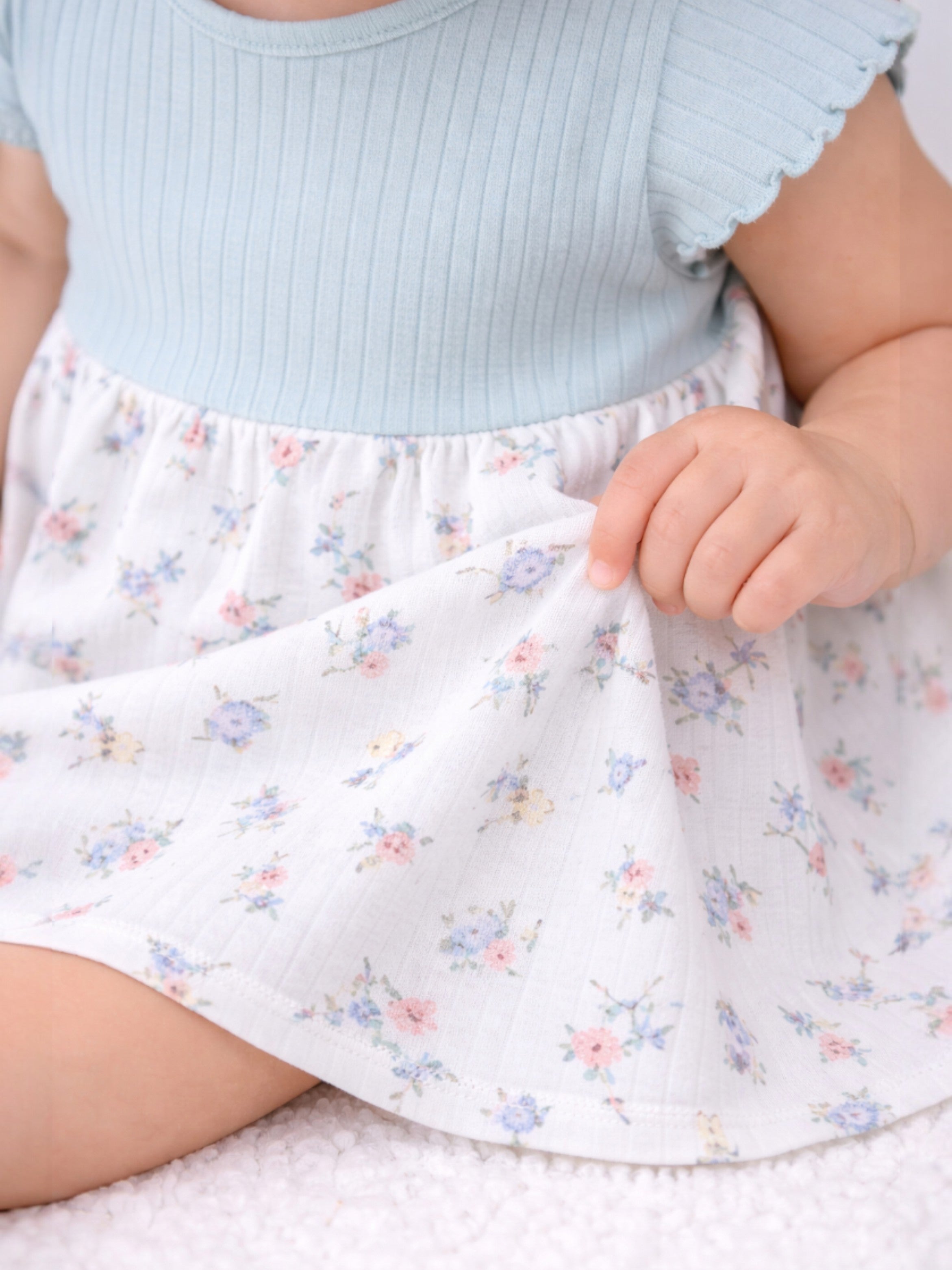 Infant Girls Drop Needle Dress With Floral Print Skirt (Mint Stripe Top)