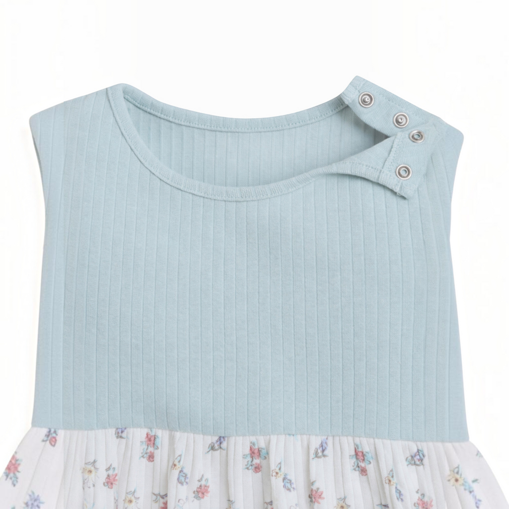 victor and jane baby girls light blue ribbed top with floral skirt detail and shoulder snap button closure
