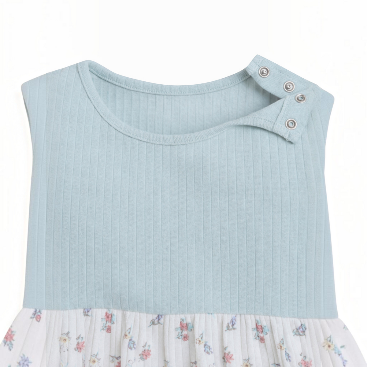 victor and jane baby girls light blue ribbed top with floral skirt detail and shoulder snap button closure