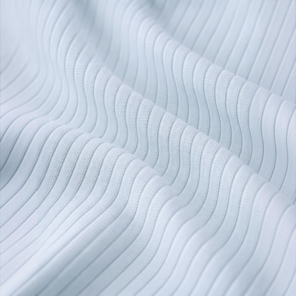Close-up of light blue ribbed fabric from a victor and jane baby girls skirt showing soft texture and vertical lines.