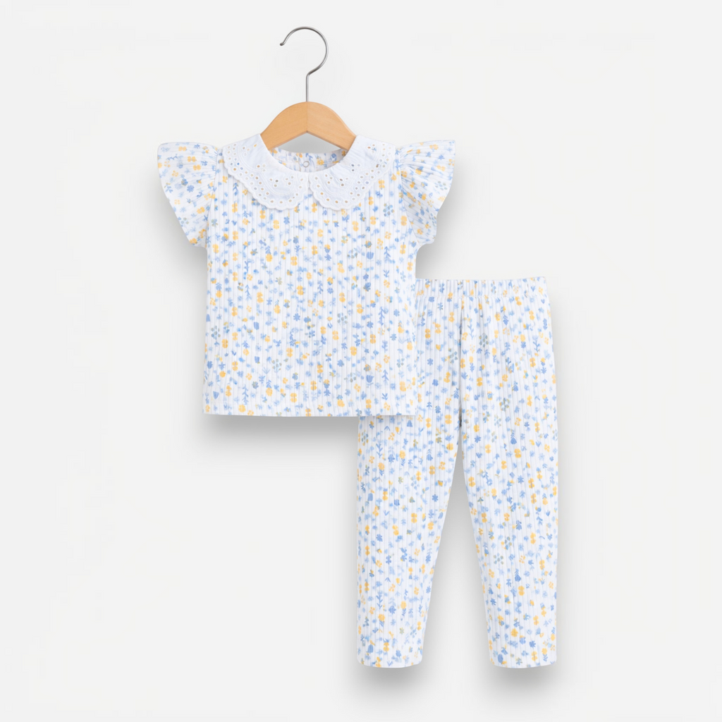 victor and jane baby girls 2-piece set with a white floral ribbed shirt featuring a lace collar and matching leggings