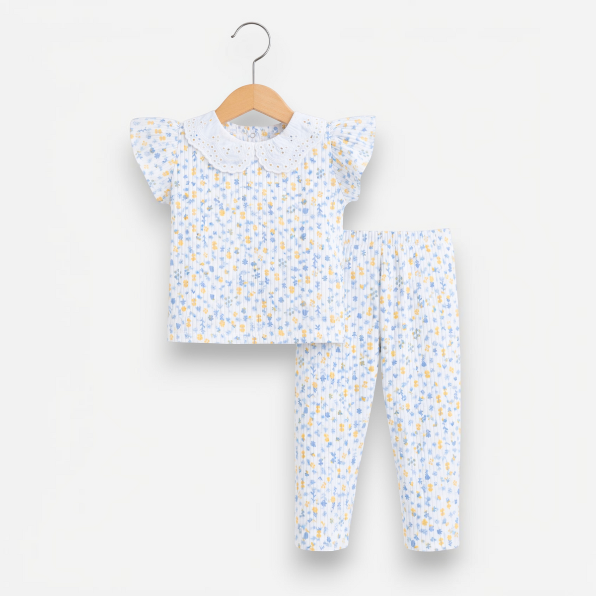 victor and jane baby girls 2-piece set with a white floral ribbed shirt featuring a lace collar and matching leggings