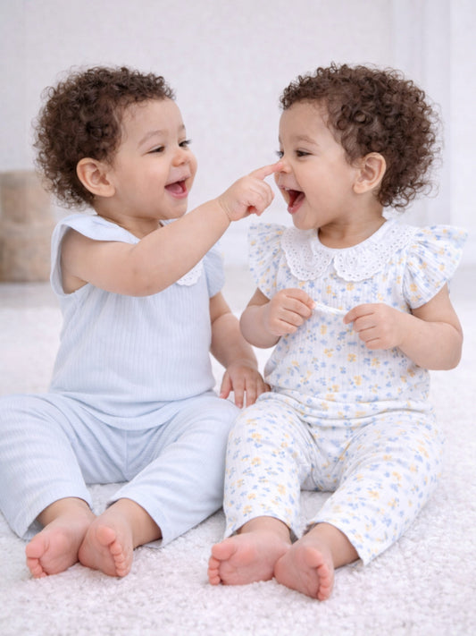 Infant Girls 2-Pack Drop Needle T-Shirts & 2-Pack Drop Needle Leggings Set (Floral Print & Blue Stripe)