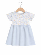 Infant Girls Drop Needle Dress With Floral Top & Blue Stripe Skirt