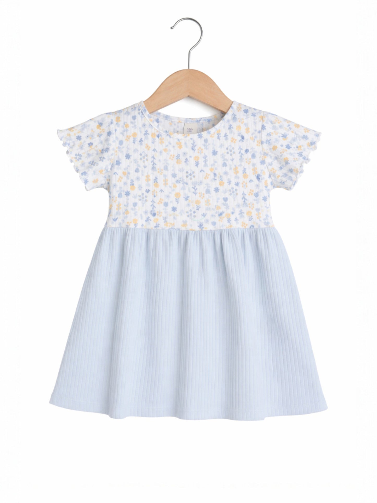Infant Girls Drop Needle Dress with Floral Top & Blue Stripe Skirt