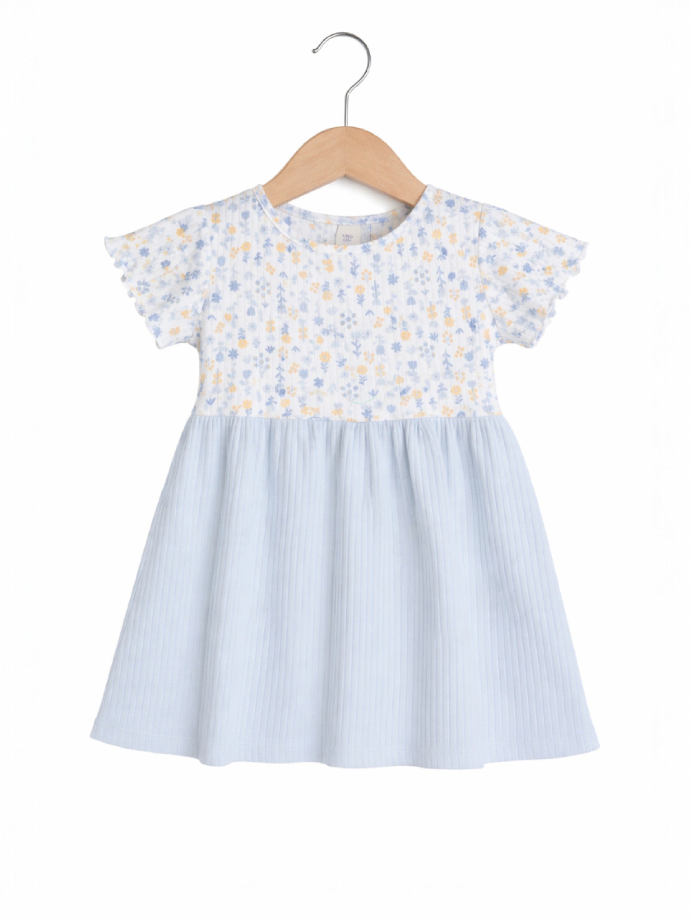 Infant Girls Drop Needle Dress With Floral Top & Blue Stripe Skirt
