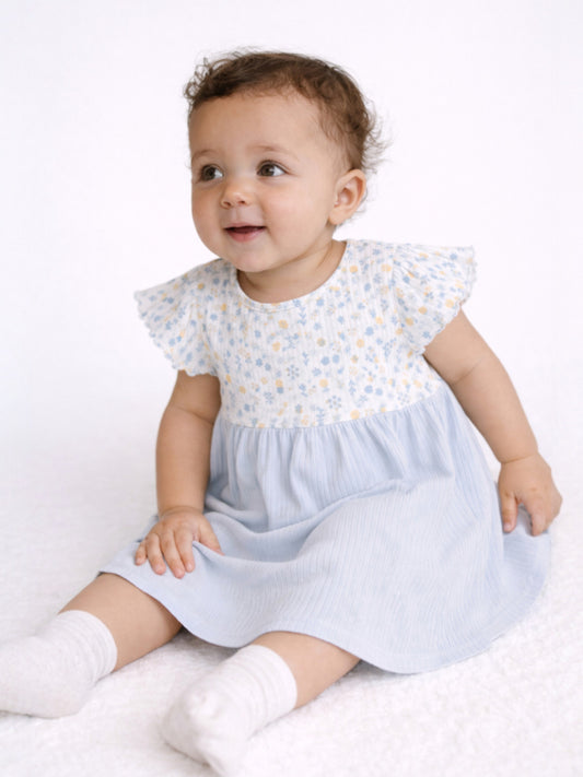 Infant Girls Drop Needle Dress with Floral Top & Blue Stripe Skirt