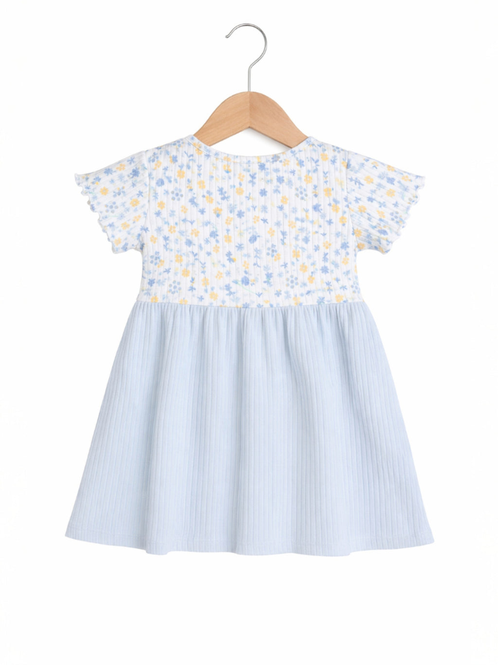 Infant Girls Drop Needle Dress With Floral Top & Blue Stripe Skirt