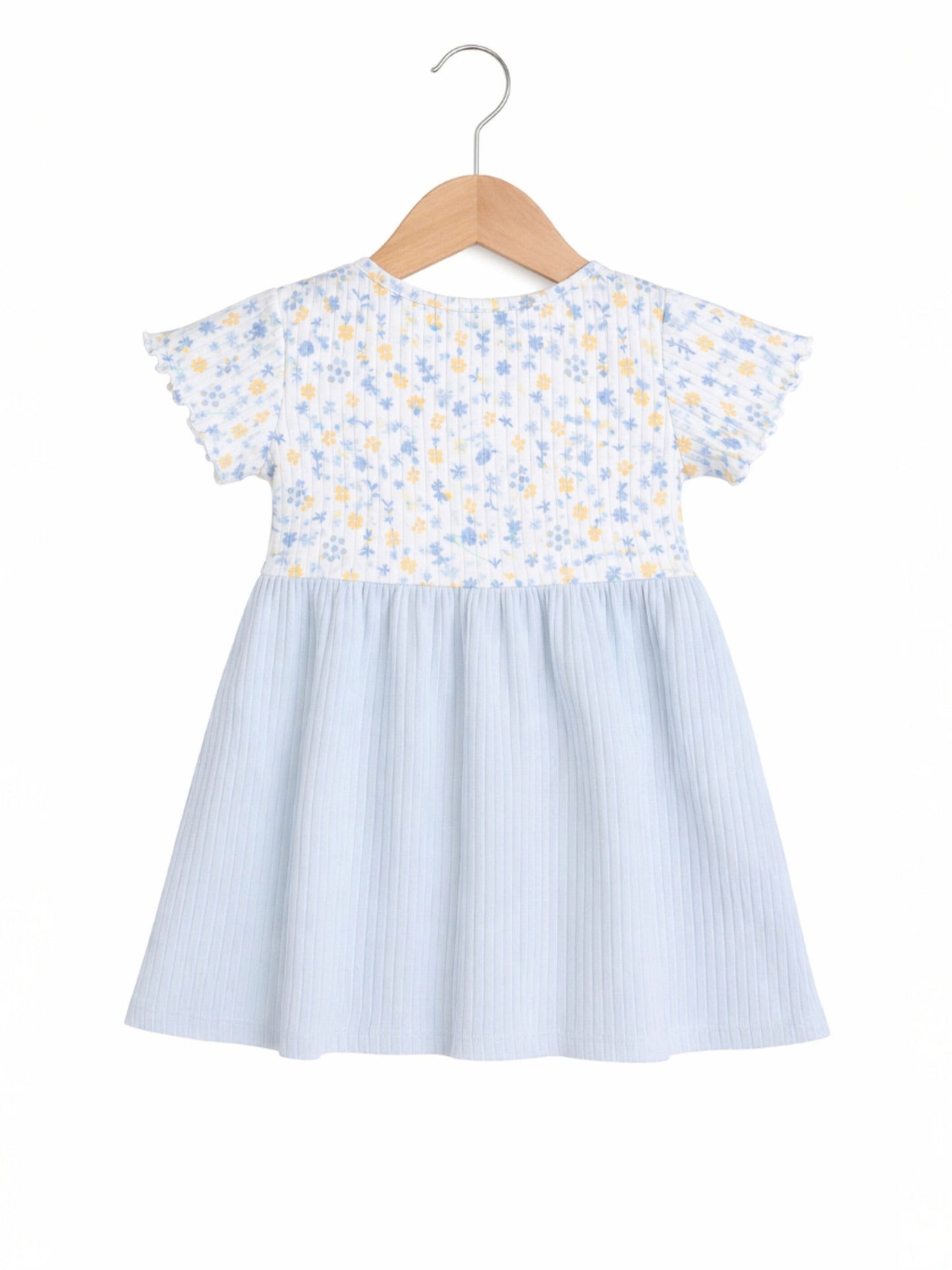 Infant Girls Drop Needle Dress with Floral Top & Blue Stripe Skirt