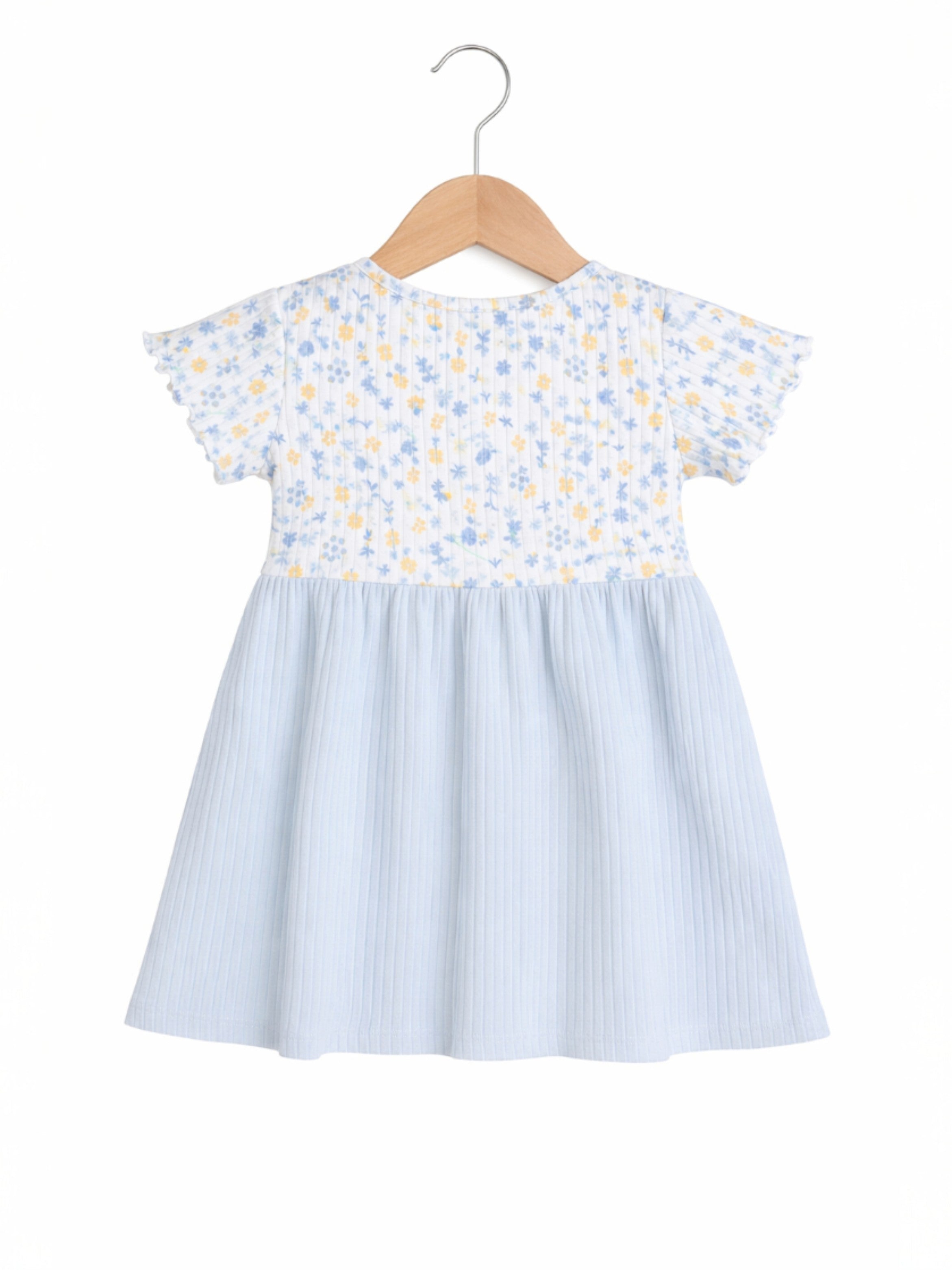 Infant Girls Drop Needle Dress With Floral Top & Blue Stripe Skirt