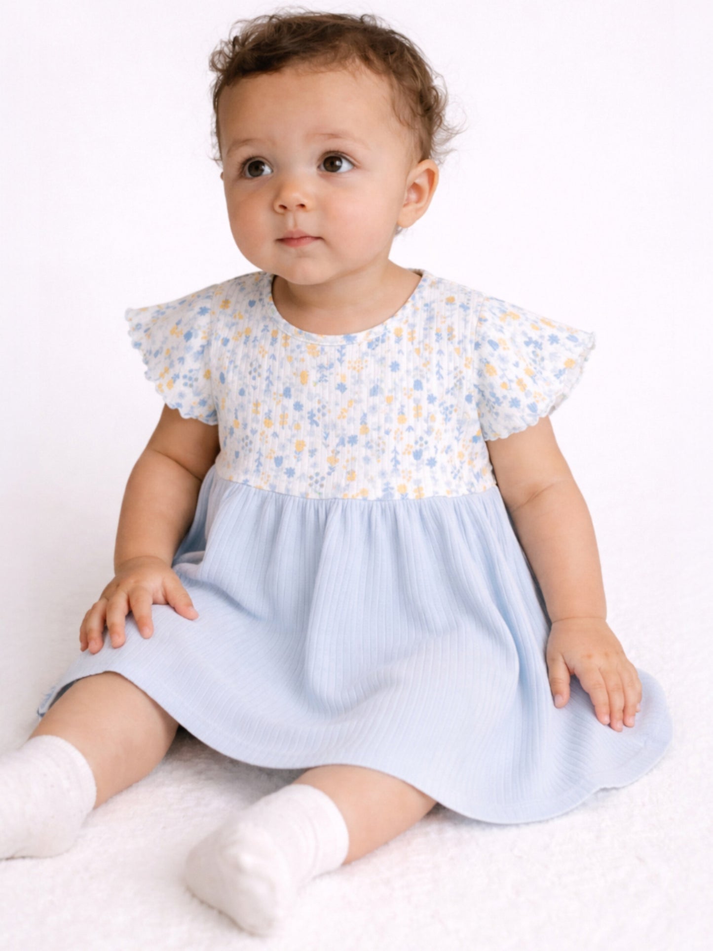 Infant Girls Drop Needle Dress with Floral Top & Blue Stripe Skirt