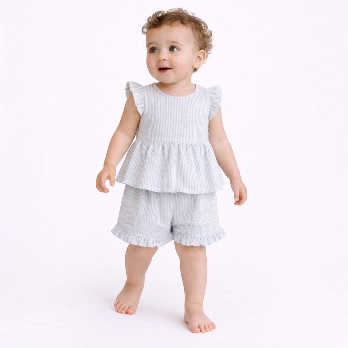 victor and jane baby girl light blue striped seersucker peplum top and ruffled shorts set