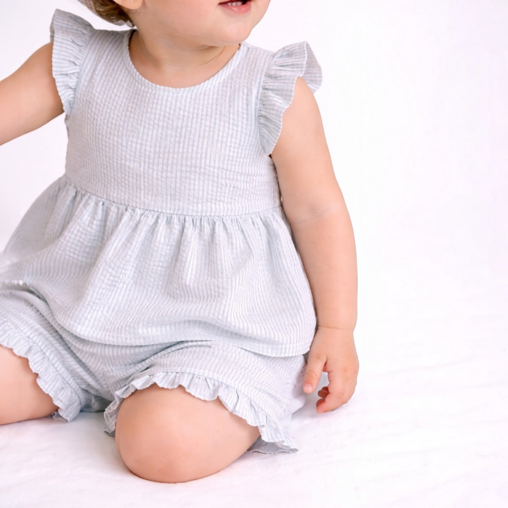 victor and jane baby girl light blue and white striped seersucker shorts set with ruffled sleeves and hem