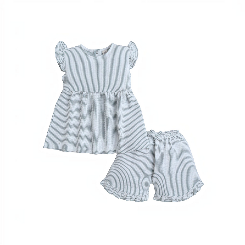 victor and jane baby girls light blue and white striped cotton shorts set with ruffled sleeves and hem