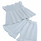 victor and jane baby girls striped shorts set with ruffled sleeves and hem in soft sage green and white