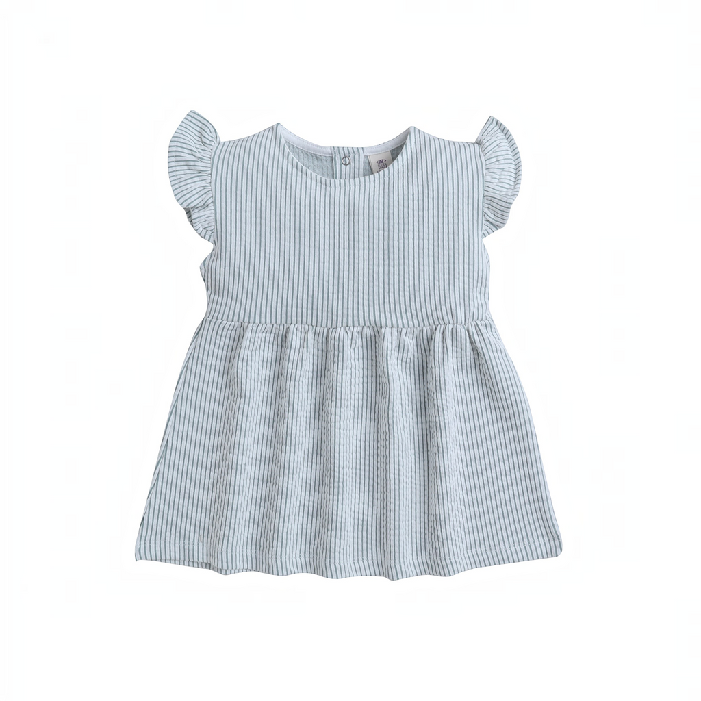 victor and jane baby girls white and grey striped seersucker dress with flutter sleeves