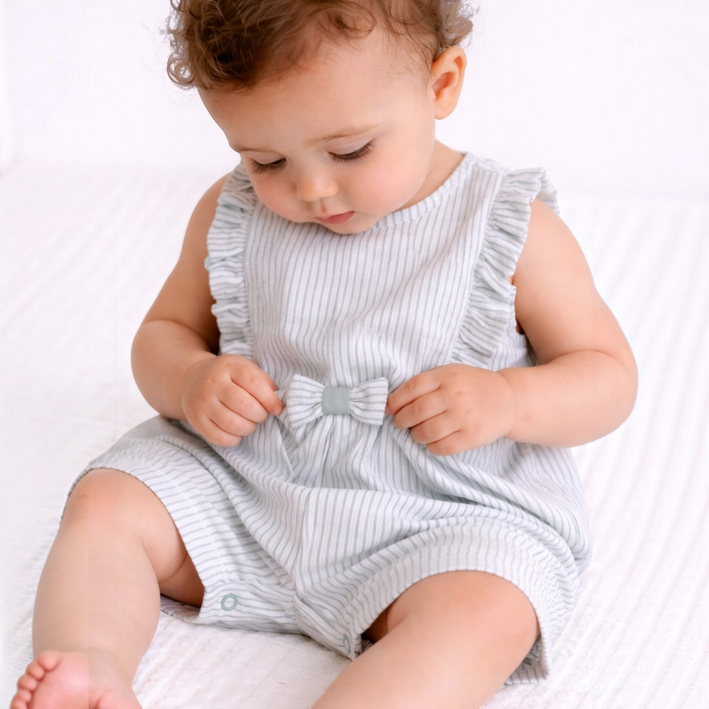 Baby girl wearing a victor and jane light blue and white striped romper with ruffle shoulders and a small bow detail