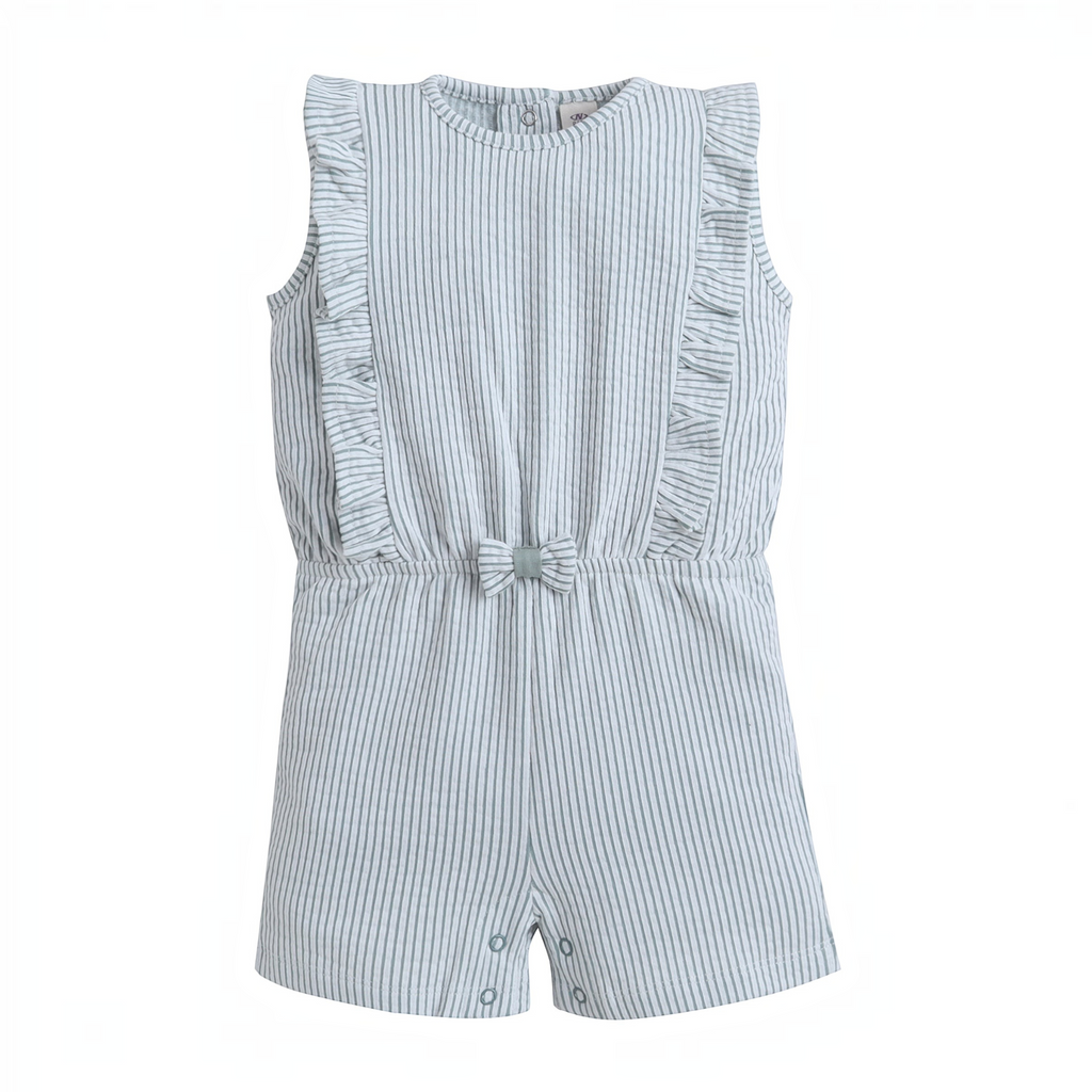 victor and jane baby girls grey and white striped sleeveless romper with ruffled shoulders and a small front bow