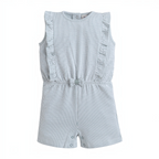 victor and jane baby girls grey and white striped sleeveless romper with ruffled shoulders and a small front bow