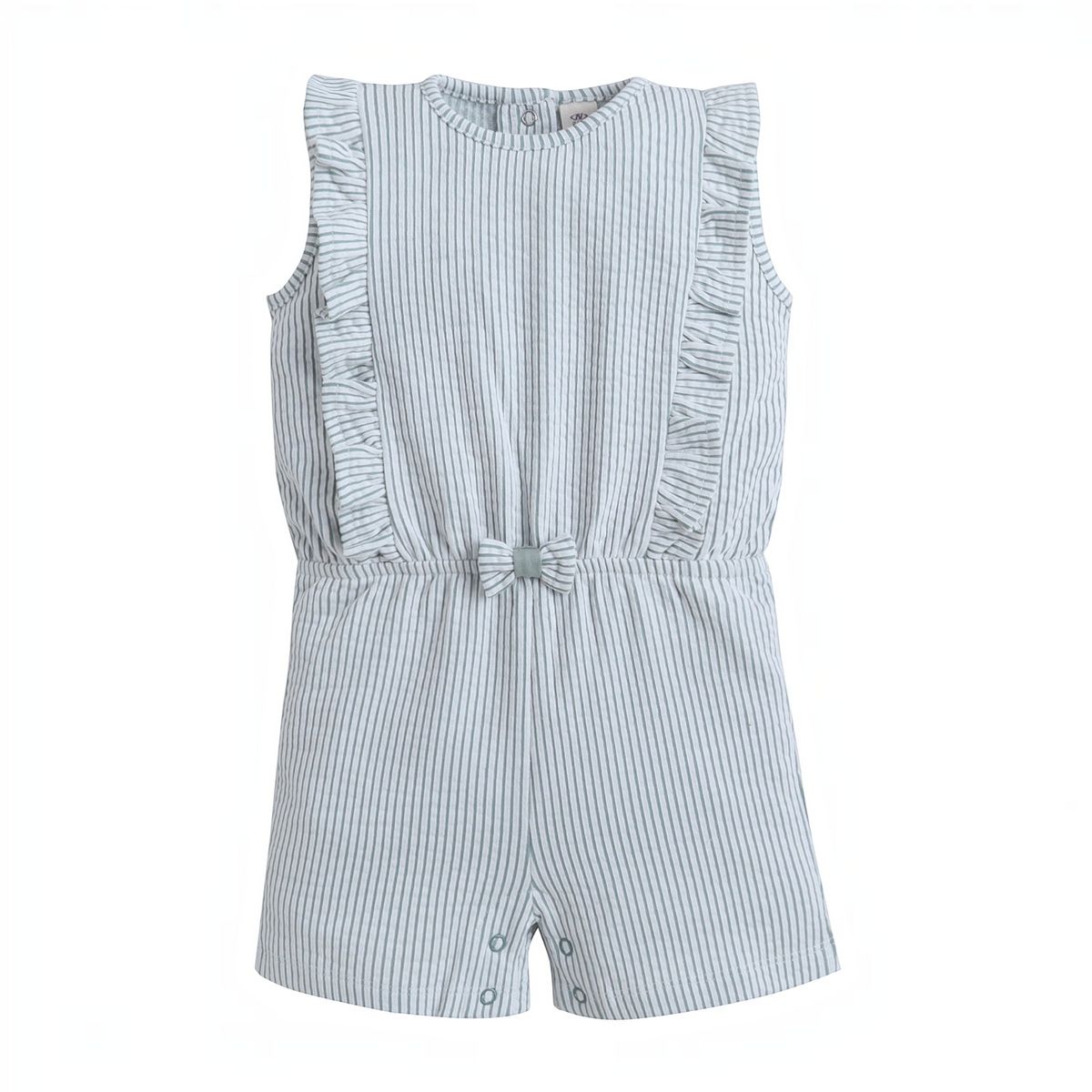 victor and jane baby girls grey and white striped sleeveless romper with ruffled shoulders and a small front bow