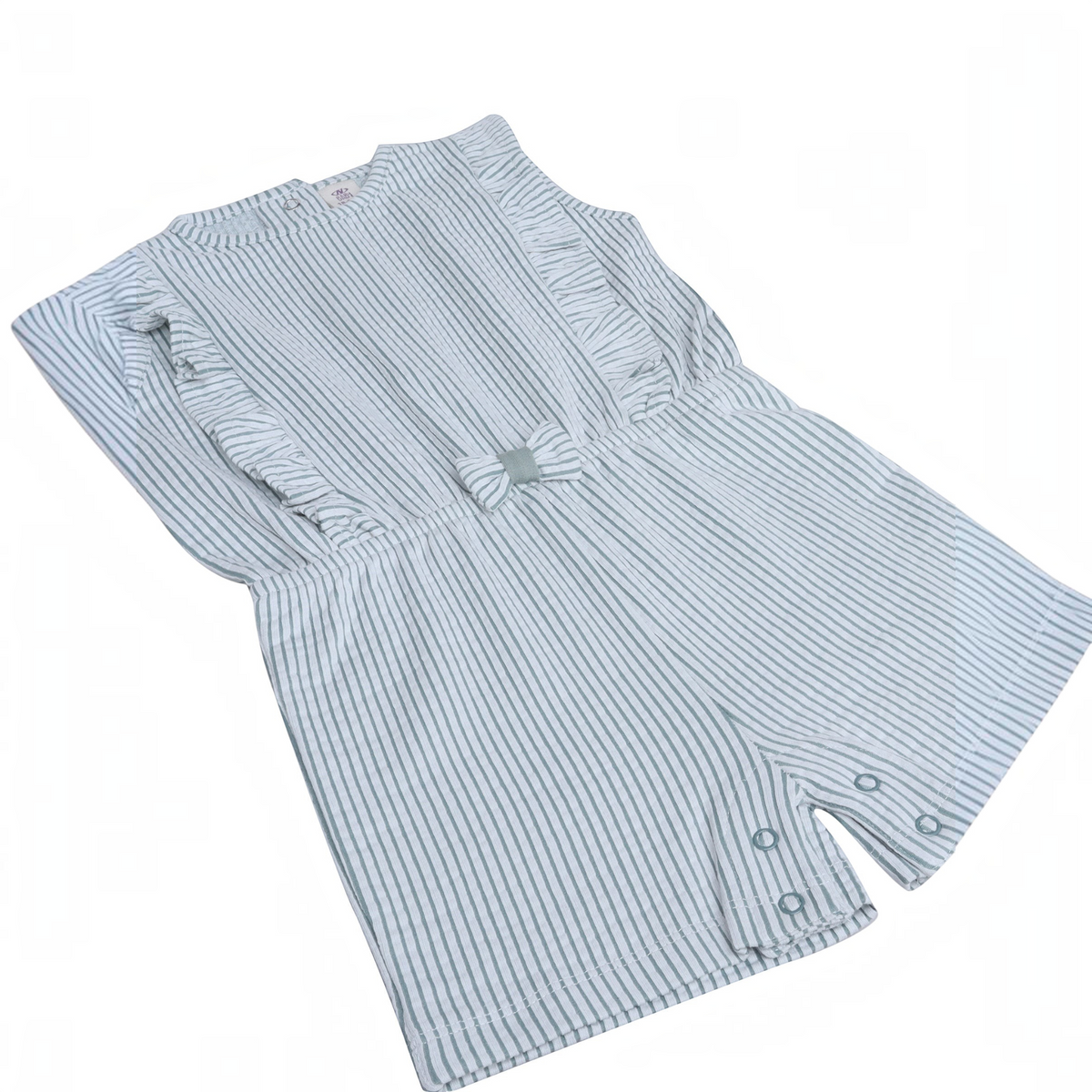 victor and jane baby girls white and sage green striped romper with ruffled shoulders and a small front bow