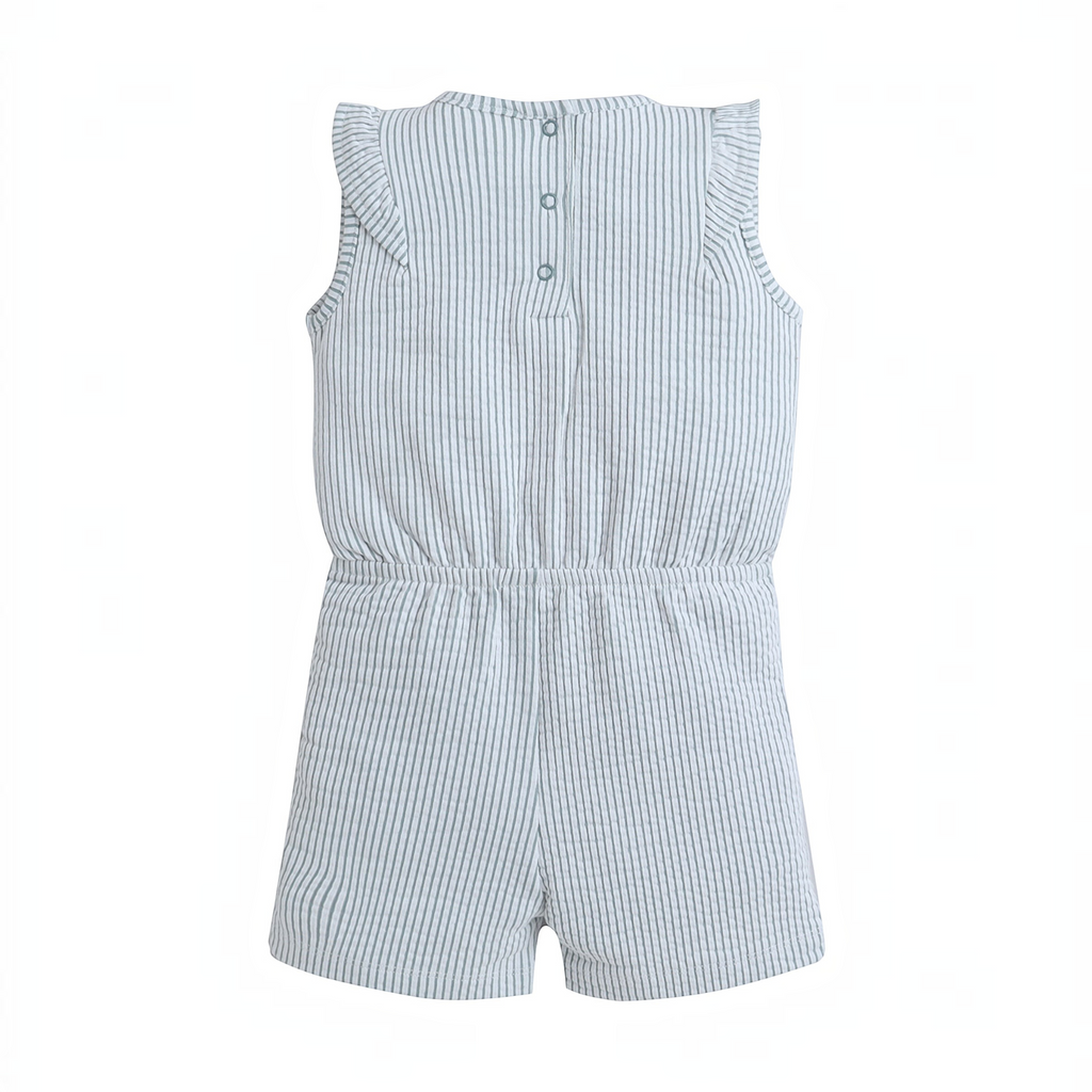 Back view of a victor and jane baby girls white and grey striped sleeveless romper with ruffled shoulders