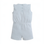 Back view of a victor and jane baby girls white and grey striped sleeveless romper with ruffled shoulders