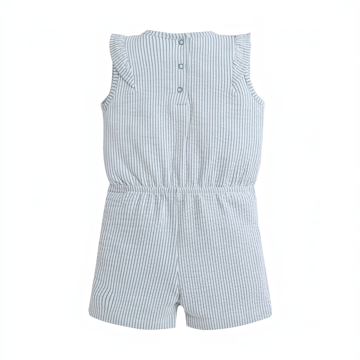 Back view of a victor and jane baby girls white and grey striped sleeveless romper with ruffled shoulders