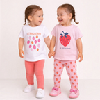 Two girls wearing victor and jane strawberry graphic t-shirt and leggings sets in white, pink, and coral colours.
