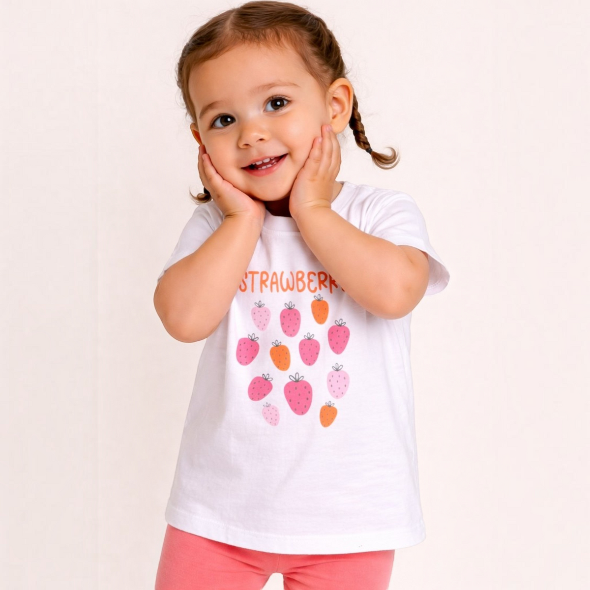 A toddler girl wearing a victor and jane white graphic t-shirt with strawberry prints and pink leggings.