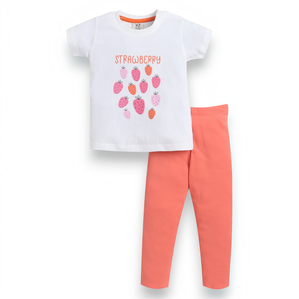 victor and jane girls two-piece set with white strawberry graphic t-shirt and coral leggings