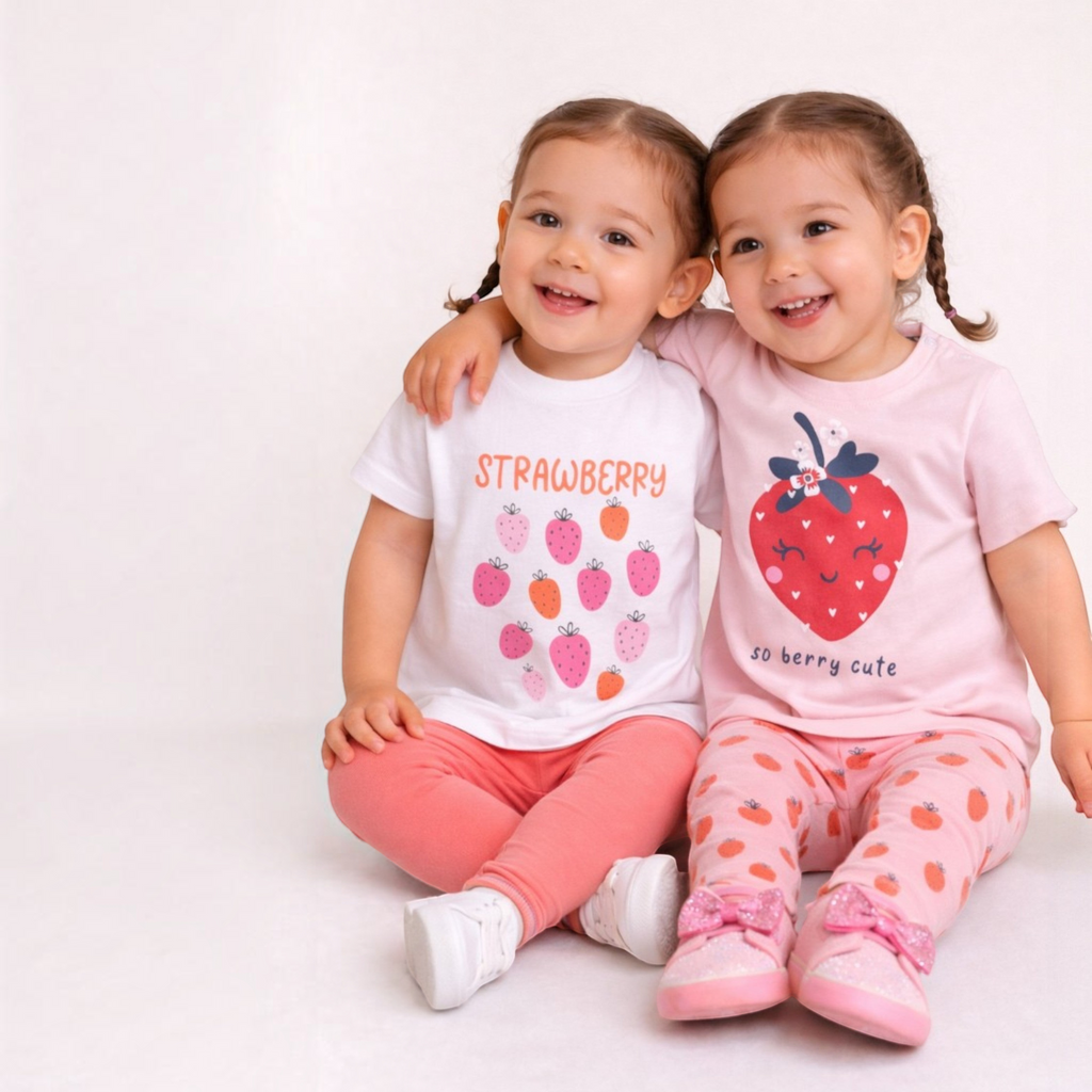 Two toddler girls wearing victor and jane strawberry graphic t-shirts and leggings sets, sitting together.