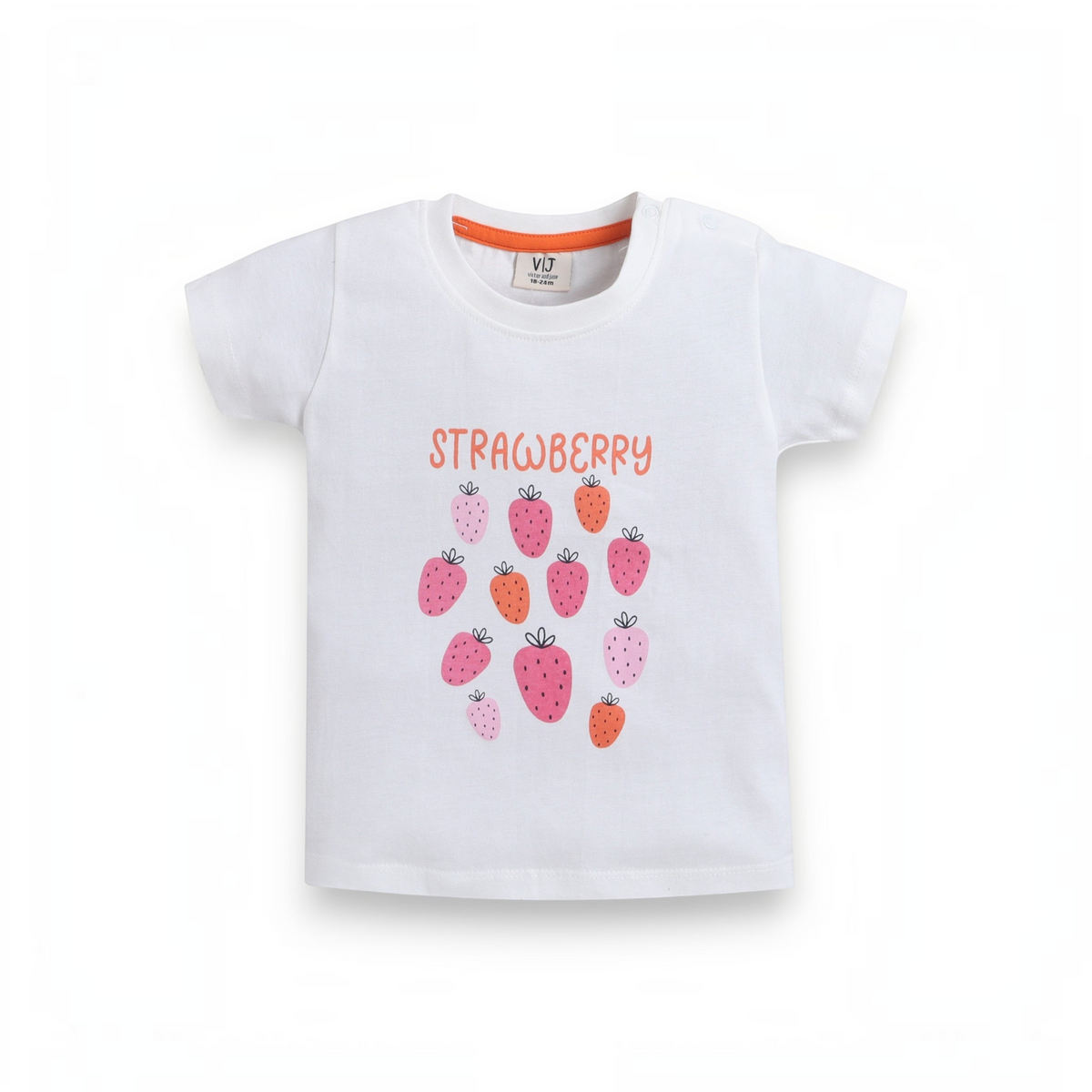 victor and jane white cotton t-shirt for girls featuring a strawberry graphic print and orange neck trim