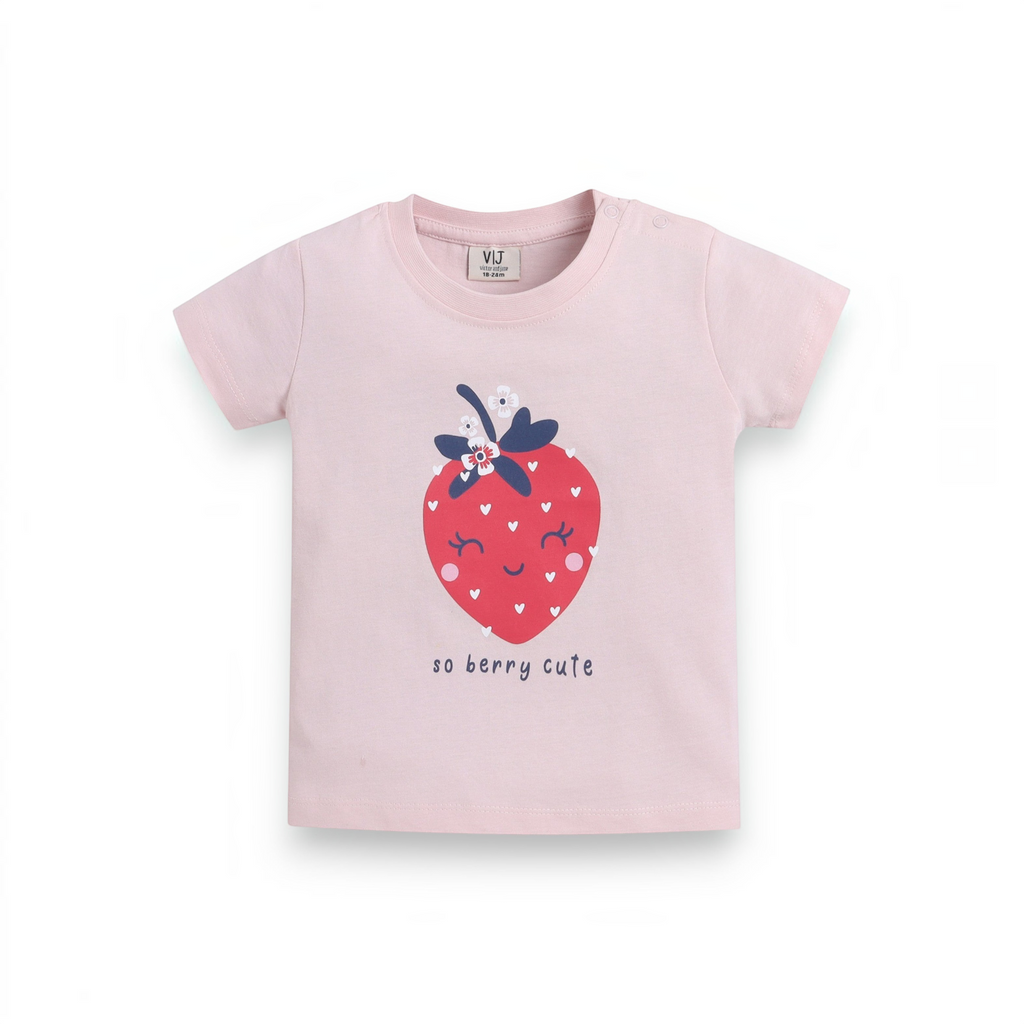 victor and jane light pink cotton t-shirt for girls featuring a cute strawberry graphic and so berry cute text