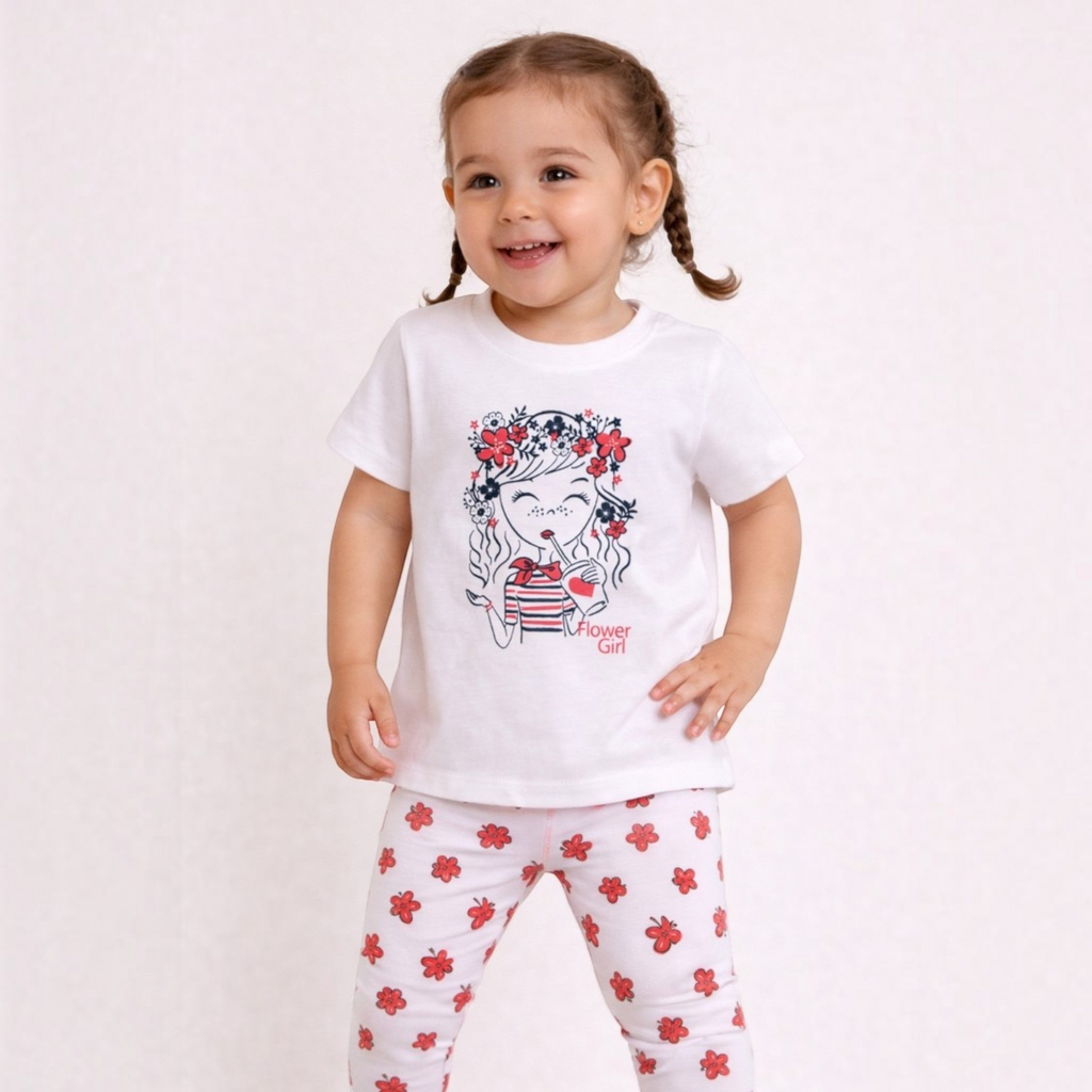 victor and jane girls 2-piece set with white graphic t-shirt and floral print leggings on a smiling toddler