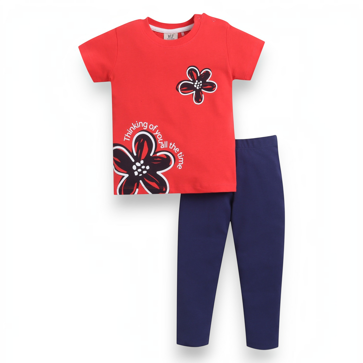victor and jane girls red short-sleeve graphic t-shirt with floral print and navy blue leggings 2-piece set