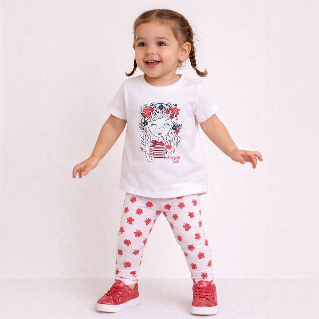 Toddler girl wearing a victor and jane white graphic t-shirt and floral print leggings with red glitter sneakers.