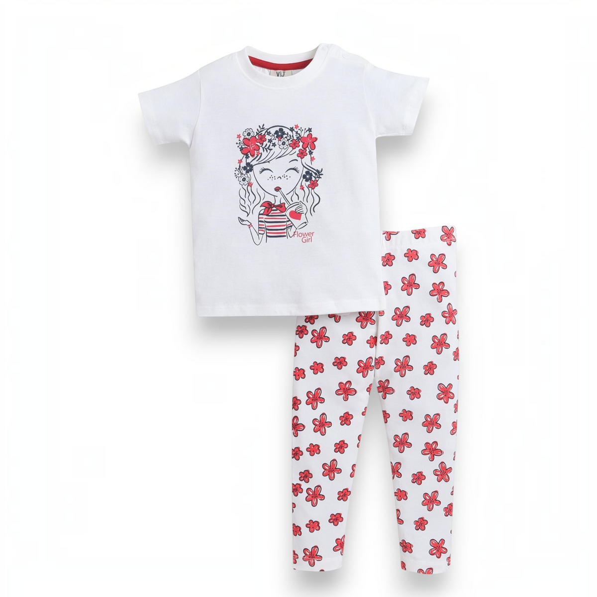 victor and jane girls two-piece set with white graphic t-shirt and red flower print leggings