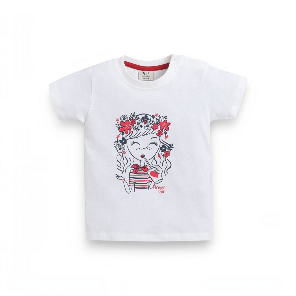 victor and jane white cotton t-shirt for girls featuring a cute flower girl graphic print with red and navy details