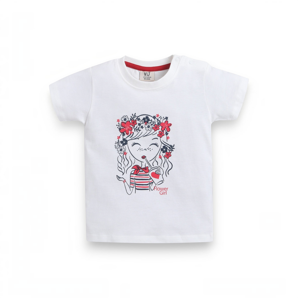 victor and jane white cotton t-shirt for girls featuring a cute flower girl graphic print with red and navy details