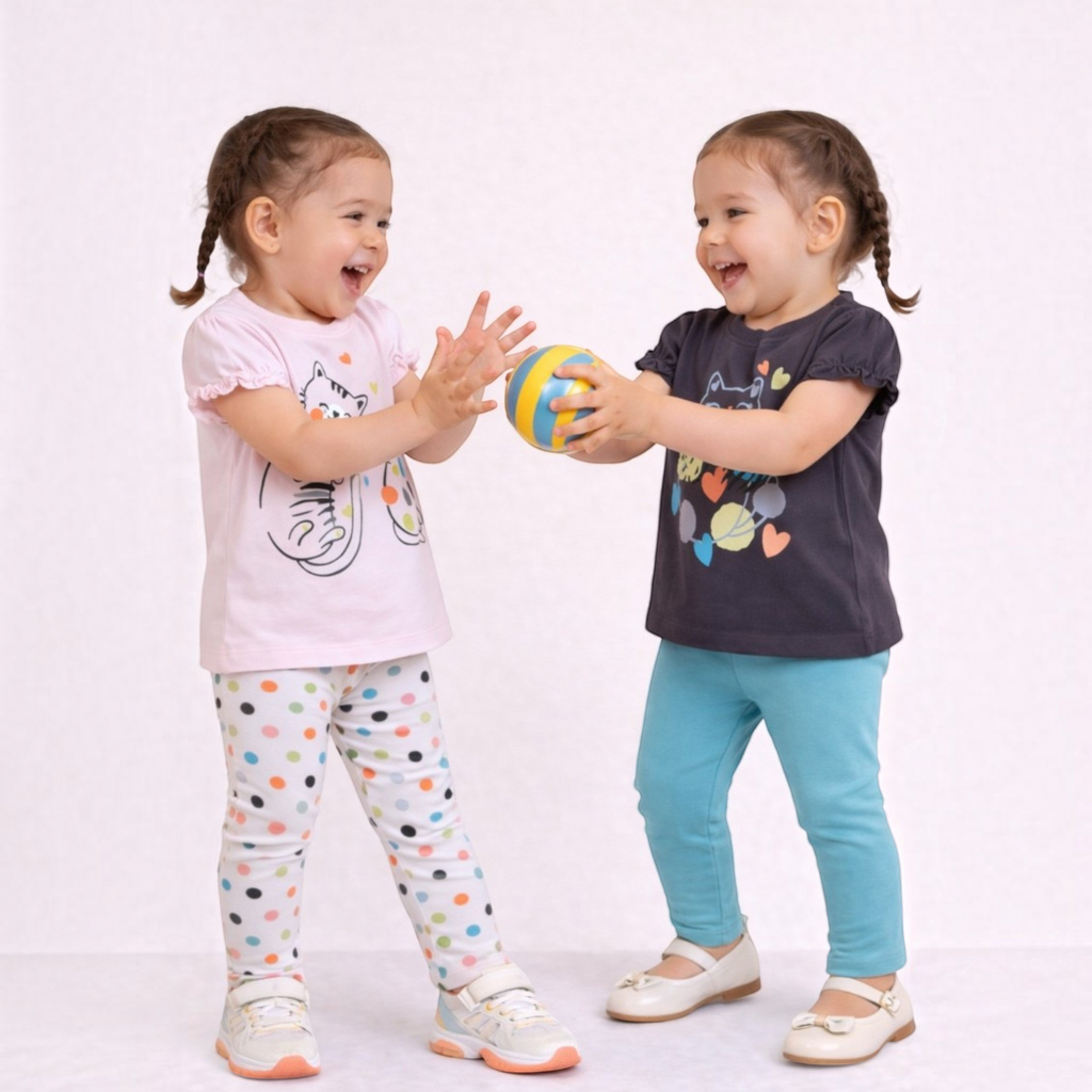 Two girls wearing victor and jane graphic shirt sets, one in pink with polka dot leggings and one in grey with blue pants