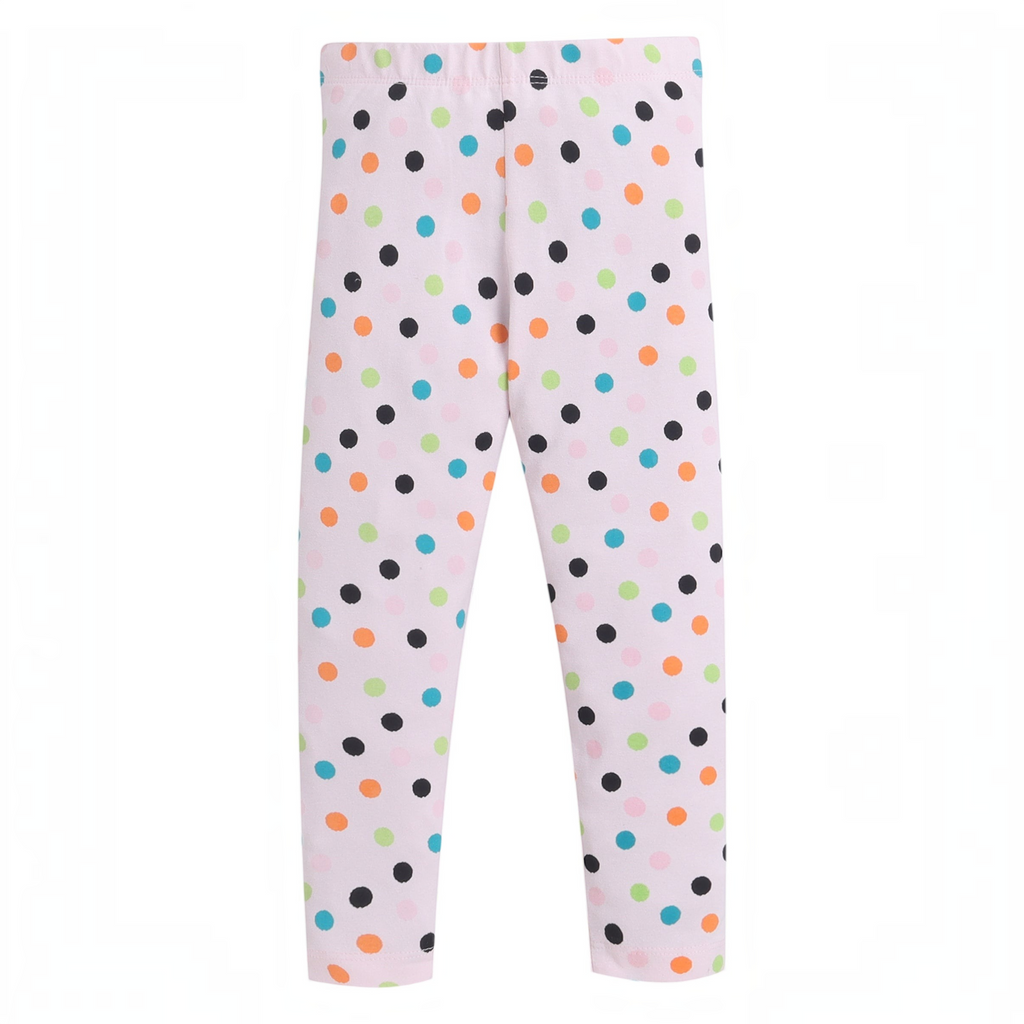 victor and jane girls leggings in light pink with a colorful polka dot pattern