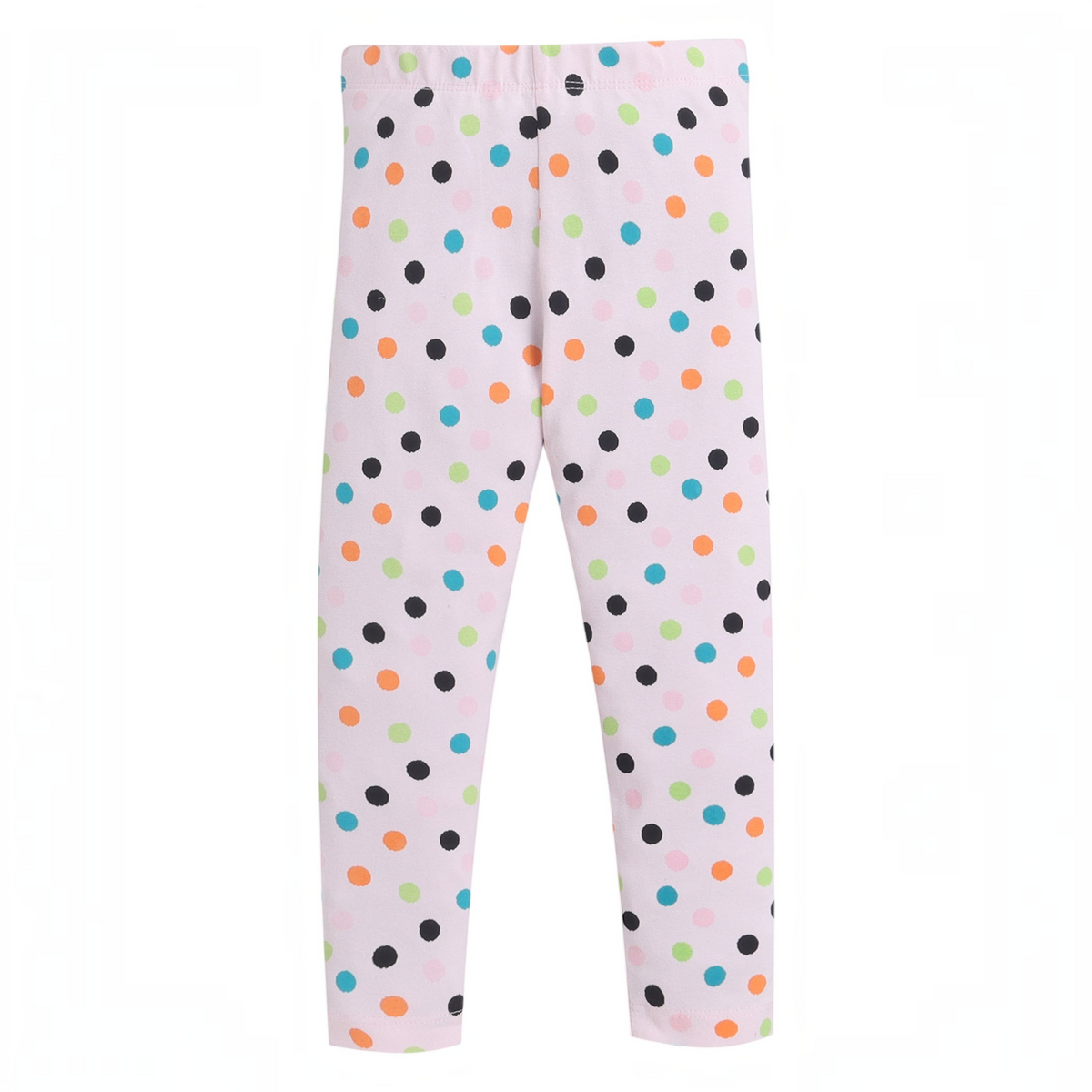 victor and jane girls leggings in light pink with a colorful polka dot pattern