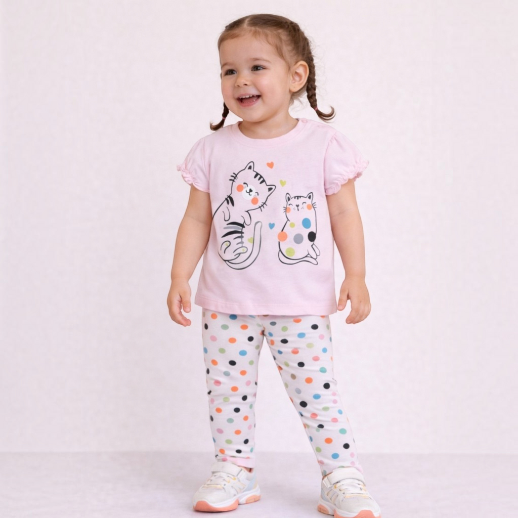 victor and jane toddler girl wearing a light pink graphic t-shirt with cats and white leggings with colorful polka dots