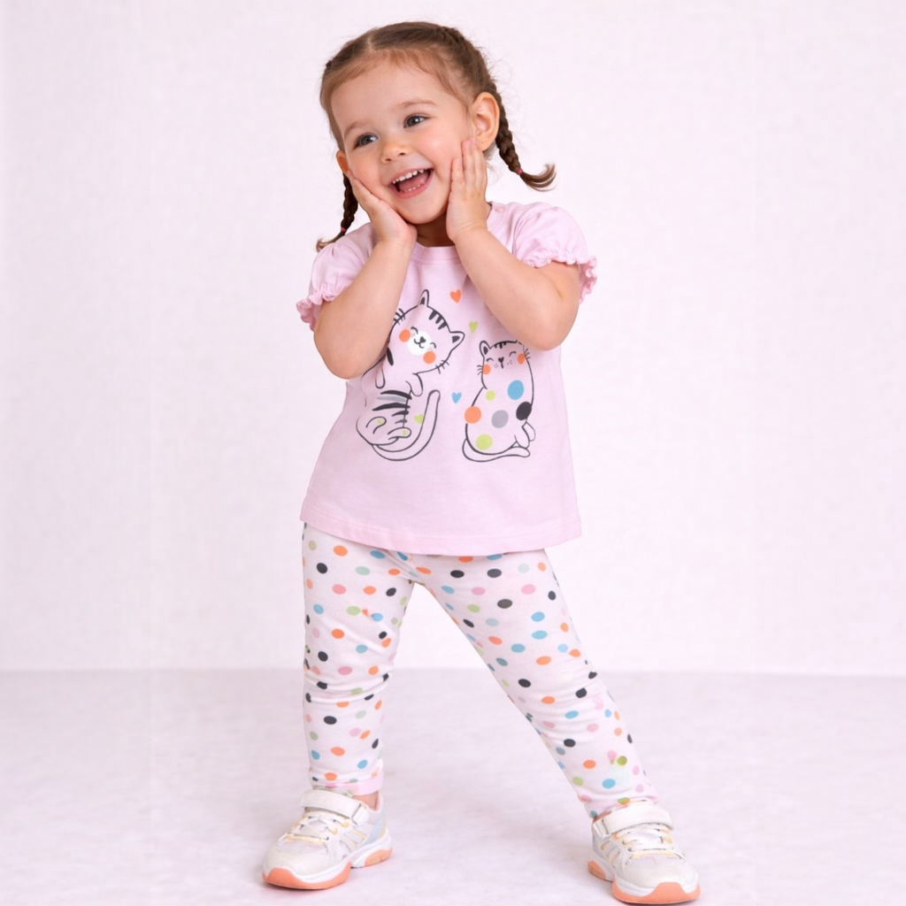 victor and jane girls pink graphic cat t-shirt and polka dot leggings set worn by a smiling toddler