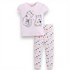 victor and jane girls two-piece set with a light pink cat graphic t-shirt and matching polka dot leggings