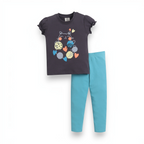 victor and jane girls 2-piece set featuring a dark grey cat graphic t-shirt and solid turquoise leggings