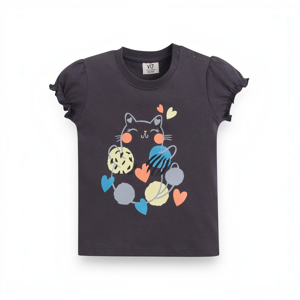 victor and jane girls charcoal grey short sleeve t-shirt with a cute cat and yarn ball graphic print