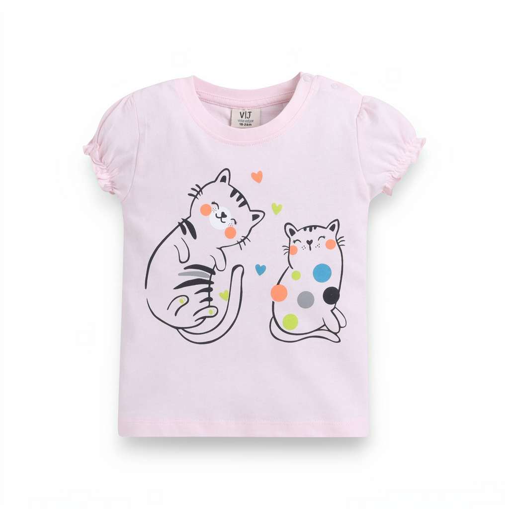 victor and jane light pink girls t-shirt featuring two cute cat illustrations with colorful polka dots and hearts