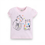 victor and jane light pink girls t-shirt featuring two cute cat illustrations with colorful polka dots and hearts